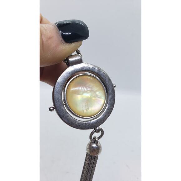 Vintage Abalone Mother of Pearl Reversible Pendant Necklace Silver Tone Tassel - Picture 10 of 10